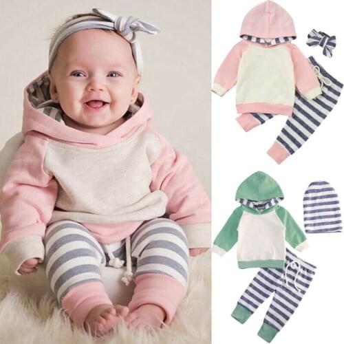 New 3PCS Baby Girl Long Sleeve Patchwkro Hooded Boy Sweatshirt +Striped Leggings Pants Newborn Outfits Set