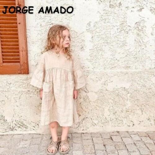 2021 Hot Sale New Summer Kids Girls Dress Linen Cotton Pocket Pagoda Sleeve High Waist Dresses Loose Style Toddler Clothes E1