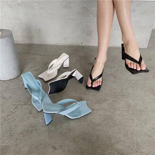 Fashion High Heels Mules Women Flip Flops Braided PU Leather Sandals Woman Shoes Ladies Square Open Toe Party Pumps dress shoes
