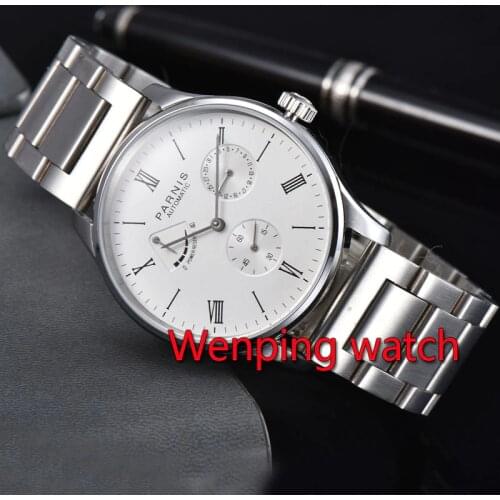 PARNIS white dial / blue date power reserve ST1780 automatic wristwatch Men bracelet E2471