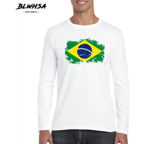 BLWHSA Spring Autumn Brazil Flag Fans Men T shirts Cotton Nostalgia Brazil Flag Long Sleeve Fitness T-shirts for Men Top&Tee