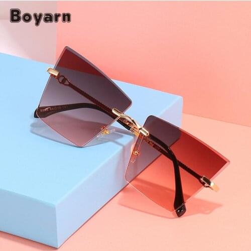 Boyarn 2021 Luxury Cat Eye Frameless Sunglasses For Women Men Sun Glasses Vintage Brand Designer Fashion Womens Eyewear UV400