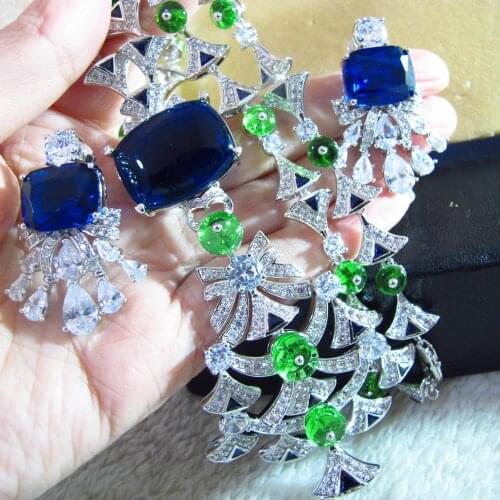 Big blue color square cubic zircon flower Earrings and stone necklace jewelry Sets for wedding party