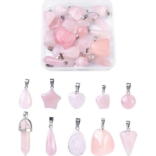 20 PCS Natural Rose Quartz Pink Heart Gemstone Pendants with Platinum Tone Brass Findings Necklace Charms DIY Jewelry Making