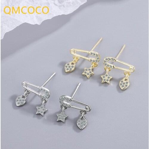 QMCOCO Simple Punk Cute Geometry Pin Ear-Nail Woman Korean Version Temperament Zircon Heart Star-Shape For Girl Ear Ornaments