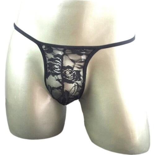 Low Waist Sexy Mens Underwear Male Black Green Flora Transparent Lace Panties Thongs And G String ZJH0603T
