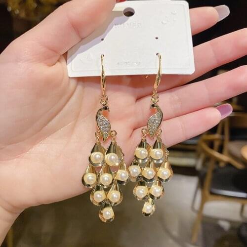 Womens Dangle Earrings Gold Color Inlay Pearl Zircon Peacock Earrings Cocktail Party Drop Earrings Wedding Party Bridal Jewelry