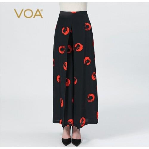 VOA silk crepe de Chine printed navy blue red circle natural waist invisible side casual meat cover slim wide leg pants KT30