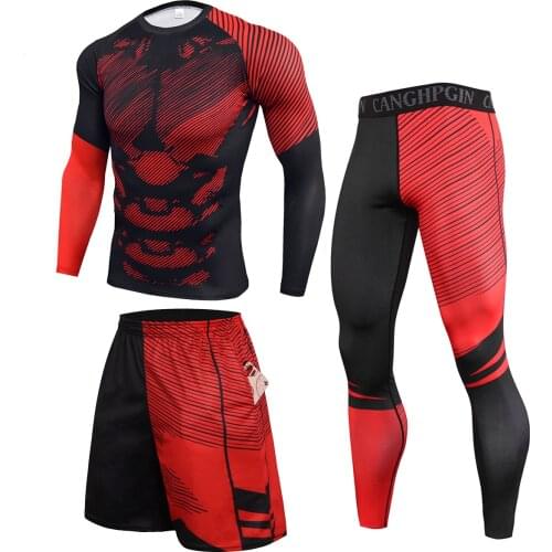Sports Tracksuit Men 3 Piece Set Compression Mens Tracksuit Sport Suits Quick Dry Running Sets Sportswear Man Jogging Homme Gym
