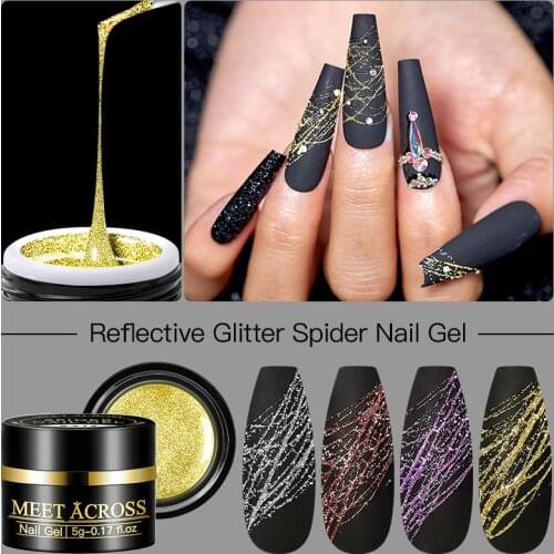 MEET ACROSS Reflective Glitter Spider Gel Nail Polish Set Nail Art Sparkling Effect Wire Line Drawing Painting Nail Gel Varnish