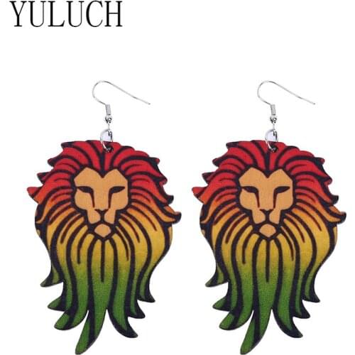 YULUCH Natural wood lion printing pendant earrings for women ethnic style art jewelry girls casual party accessories