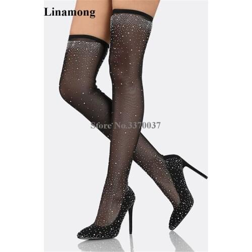 New Fashion Women Pointed Toe Black Lace Mesh Over Knee Legging Boots Super High Heel Rhinestone Bandage Crystal Sock Boots