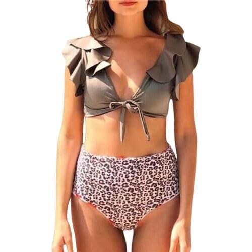 Women High Waist Bikini Swimsuit Deep V Neck Ruffle Sleeve Bra Tops Leopard Swim Panty Swimwear Female Summer Beach Bikini 2021
