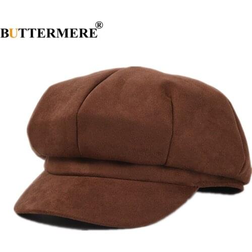 BUTTERMERE Suede Hats for Women Octagonal Cap Caramel Khaki Black Solid Newsboy Hat Autumn Winter Vintage Female Beret