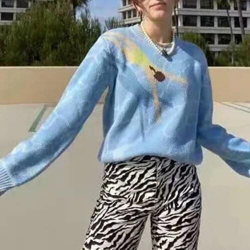 Women Y2K Jumpers Top Autumn Winter Wave Print Sweater Round Neck Loose Long Sleeve Jacquard Knitted Pullover Female Casual