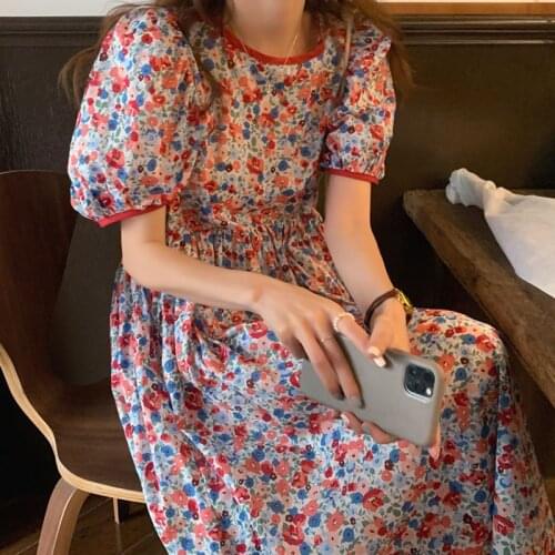 2021 Summer Dresses for Women New Sweet Vestidos Puff Sleeve French Floral Dress Female Age-reducing Loose Robe Femme 14897