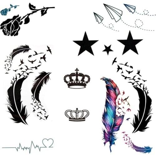 1Pcs Body Art feather Water Transfer Flash Fake Tattoo Sticker Feather Bird Blue Black Flower Star Sex Temporary Tattoo Sticker