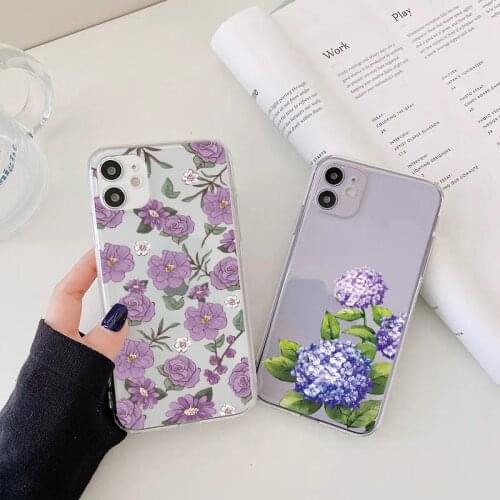 Purple Blue Flowers Phone Case for iphone 12 11 Pro Max X XS MAX XR 6 7 8 Plus SE 2020 Soft Clear Transparent Back Cover Fundas