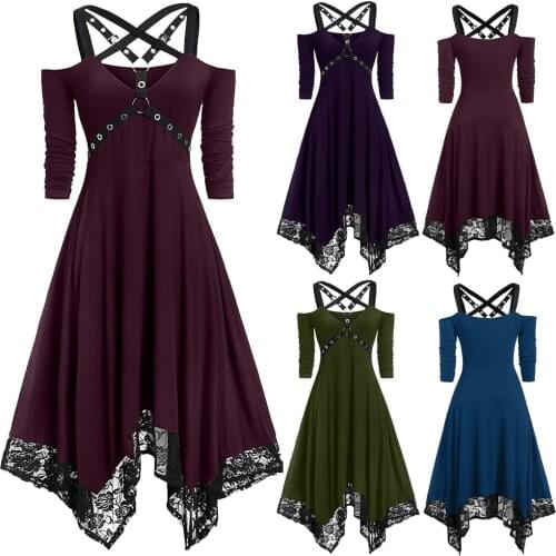 Black Gothic Punk Midi Dress Lace Up High Low Plus Size Women Autumn Long Sleeve Party Vestidos 5XL Vintage Victorian Lace Dress