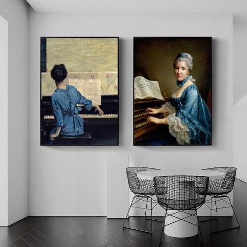 Elegant Noble Blue Dress Playing Piano Girl Posters Wall Art Figure Picture Minimalist Canvas Posters And Prints Home Decor