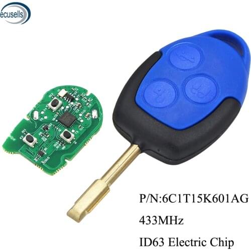 3 Buttons Remote Car Key 433MHz 4D63 Chip Fob FO21 Blade for Ford Transit WM VM 2006-2014 P/N: 6C1T15K601AG-Black / Blue Head