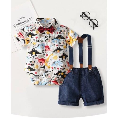 2021 Baby boy’s Romper and Shorts Suit Cartoon Dinosaur Shirt Jumpsuit and Suspender Short Pants