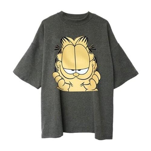 2021 Summer Korean-style Loose-Fit Printed Coffee Phenanthrene Cat Students Large Size WOMENS Top Short Sleeve T-shirt Womens