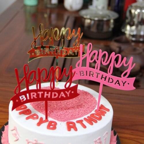 New Acrylic Happy Birthday Cupcake Topper Pink Gold Red Acrylic Cake Topper Flag For Birthday Party Cake Decorations Baby Shower