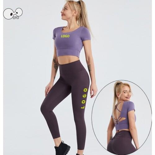 NEW Build in Bra 2 Pcs Sport Suit Women Quick Dry Short Sleeve Crop Top+Leggings Yoga Running Set Gym Fitness Sportswear Custom
