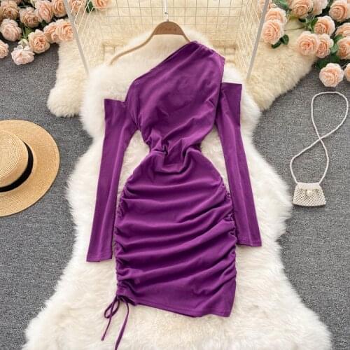 Sexy One Shoulder Long Sleeve Dress Women 2021 New Autumn Fashion Party Bodycon Mini Dress Slim Fit Drawstring Ruched Club Dress