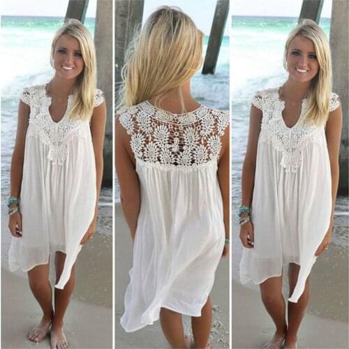 Sexy lace stitching chiffon dresses 2020 summer women hollow crochet Solid color Summer Holiday Dress ropa mujer wm