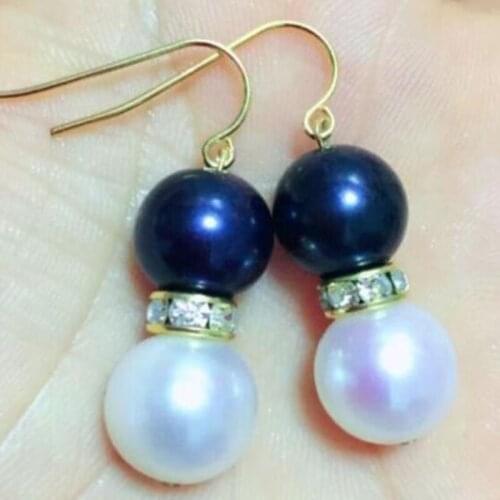 New PERFECT 9-10mm AAA+ drop black white south sea pearl earring 14k/20