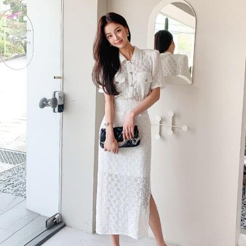 Vintage Elegant Puff Sleeve Top Sexy Women Hollow Embroidery Split Midi Skirt Lace Pocket Button Shirt Blouse White 2 Pieces Set