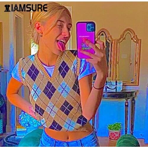 IAMSURE Argyle Plaid Casual Knitted Sweater Vest For Women Preppy Style V-Neck y2k Tops 2020 Autumn Streetwear Fashion Outfits