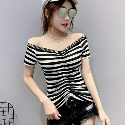 Fashion Diamond Drawstring T-Shirt Ladies V-Neck summer Tops T-Shirts Women Large size Short sleeve