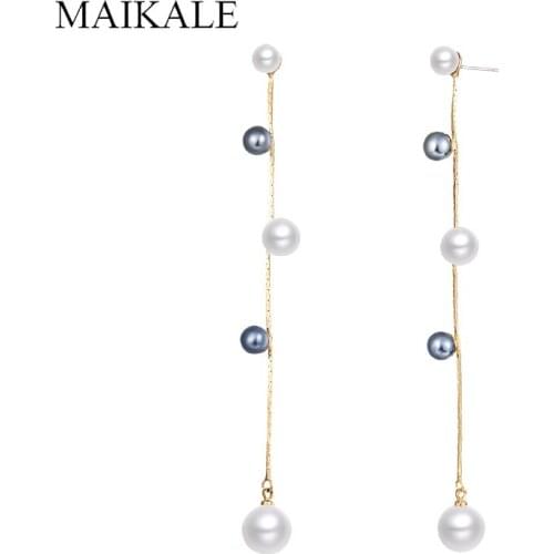 MAIKALE Trendy Black Pearl Long Drop Earrings Gold Snake Chain Tassel Earrings with Pearl for Women Jewelry Girls Gifts