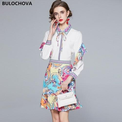 Plus Size Fashion Print Womens Suit Clothes 2021 Spring Woman Ruffles Long Sleeve Shirt Tops + Mermaid Half Skirt 2 Pieces Sets