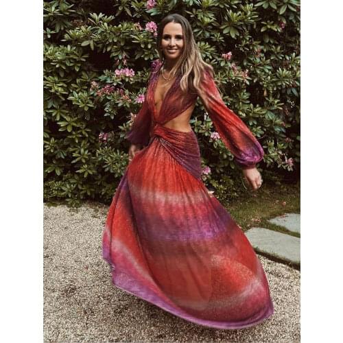 Red Gradient color lurex Maxi Dress 2021 Autumn Women Long Lantern Sleeve Club Party Long Maxi Dresses Tunic Beach Cover Up A916