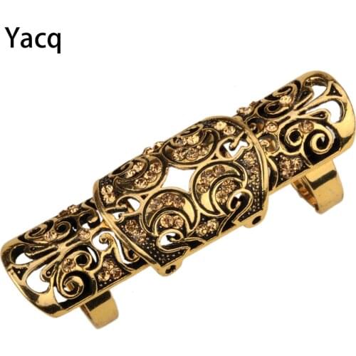 YACQ Double Full Finger Knuckle Long Armor Ring for Women Antique Gold Silver Plated Punk Rock Party Jewelry Dropshipping RM05