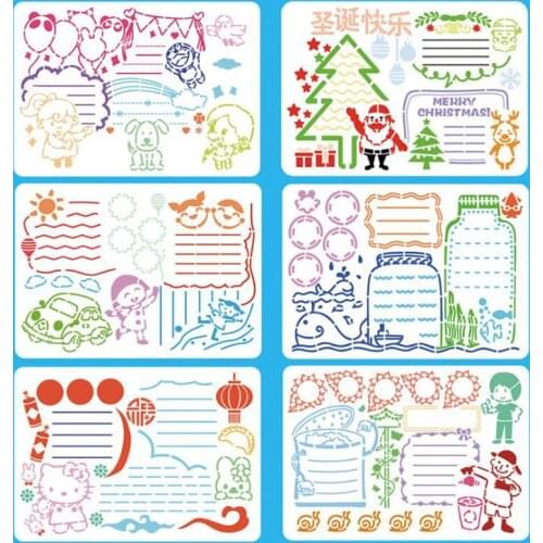 6pc Stencil Coloring Embossing Christmas Theme Painting Template Plastic For Scrapbook Stamp Card Drawing Office School Supplies