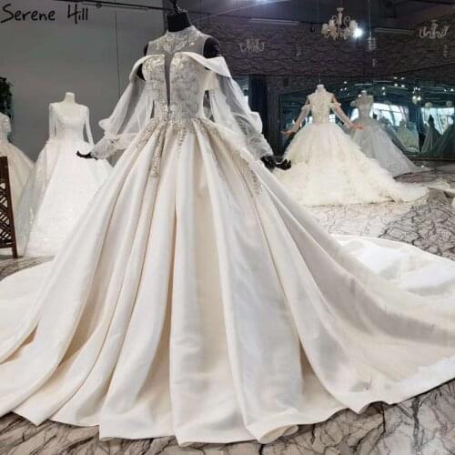 Ivory Satin Luxury Beading Diamond Wedding Dresses 2020 Detachable Sleeve High-end Bridal Gowns HX0209 Custom Made