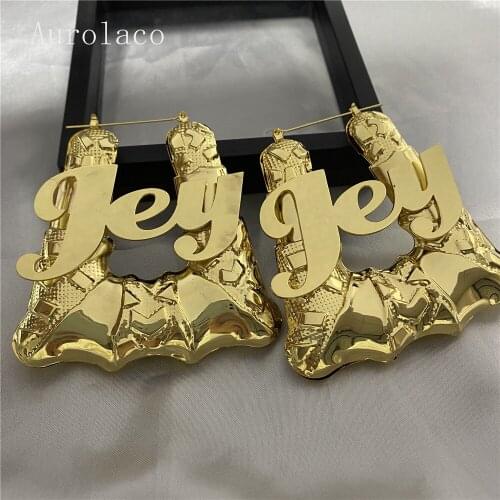 AurolaCo 70MM Custom New Style Bamboo Earrings Stainless Steel Custom Name Earring Custom Hip hop Bamboo Earring for Women Gift