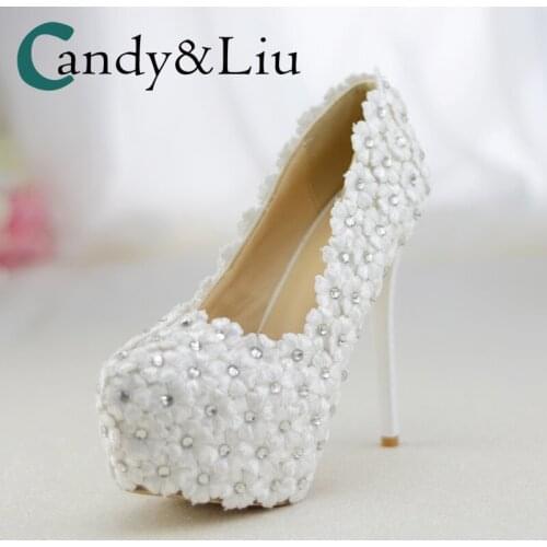 White Lace Flower Wedding Shoes Applique Round Toe Super High Heel with Platform Handmade Women Shoes for Party Banquet