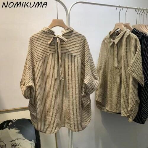 Nomikuma Cotton Linen Striped Women Shirts Blouses Causal 2021 Summer New Short Sleeve Turn-down Collar Blusas Tops Mujer 6J826