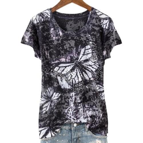Plus size 5XL!2020 summer new fashion T-shirt women black hot drilling print butterfly silk slim short-sleeved Top tees