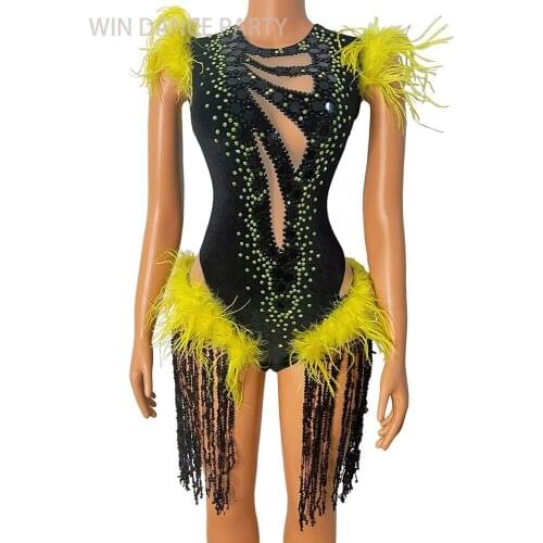 Yellow Feather Latin Chacha Bodysuit Rhinestone Stage Costume Dj Ds Dancer Outfit Women Singer Dress Pole Dance Clothing Women
