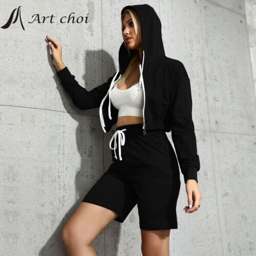2 Two Piece Set Tracksuit Casual Outfit Shorts Suits Women Hoodie Fleece Long Sleeve Zipper Crop Tops Fifth Pants Streetwear