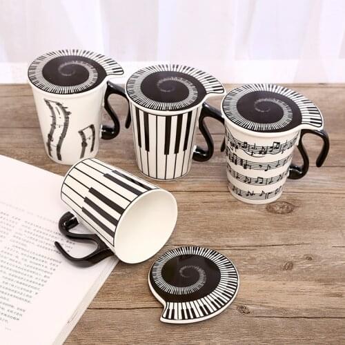 Creative Ceramic Cups Music With Lid Travel Coffee Mug Personality Couple Piano Note Milk Drink Mug Portable With Handle Tea Cup