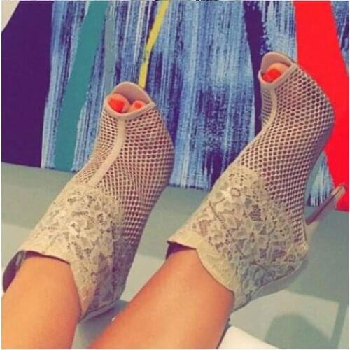 Summer New Brand Women Black Beige Flower Lace Cuts Out Peep Toe Zip Back Thin Heels Short Booties Fashion Show Ankle Boots Lady