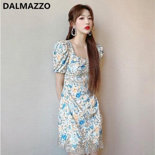 DALMAZZO 2021 New Summer Designer Print Floral Mini Dress Women Square Collar Puff Sleeve Holiday Vestidos Female Large Size XL